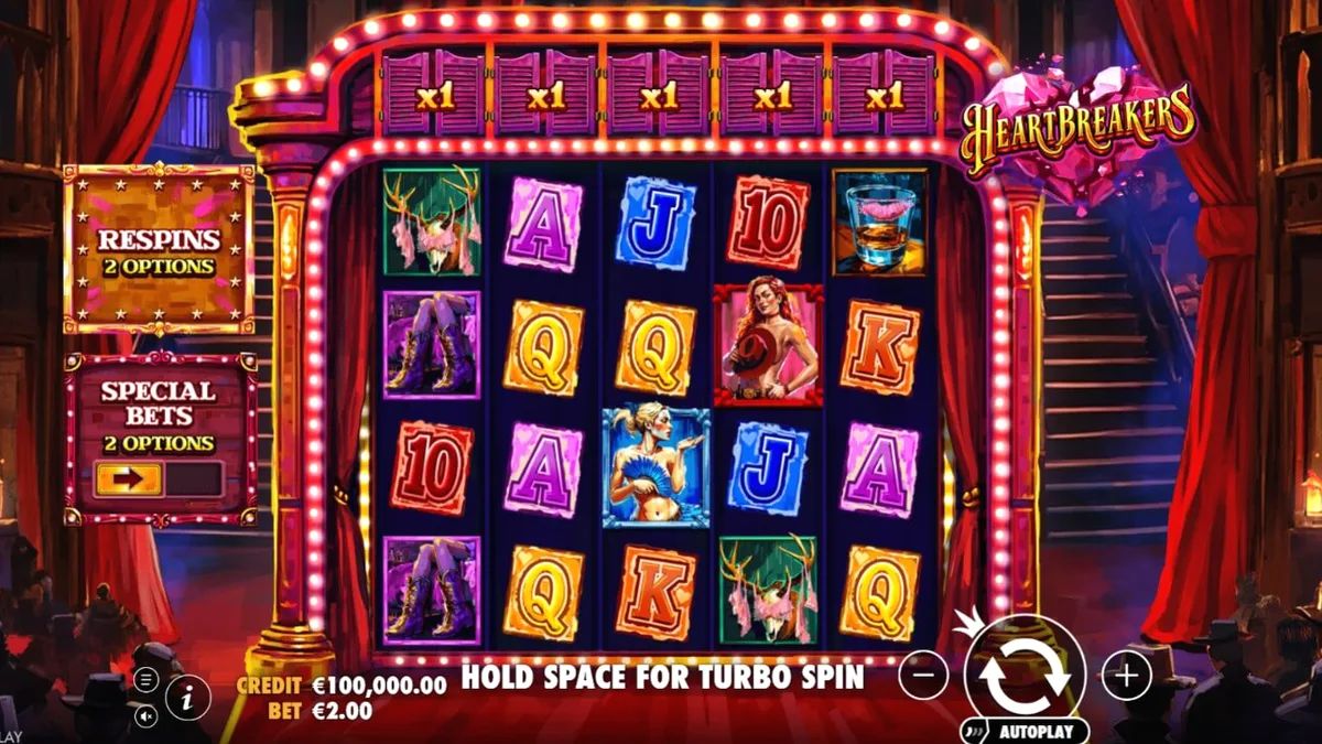 Tampilan visual slot Heartbreakers dengan tema burlesque dan western